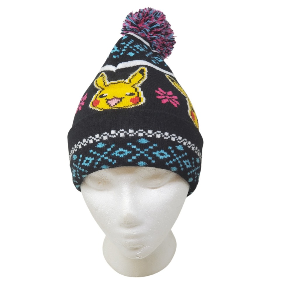 Pokemon Pikachu Fair Isle Beanie Hat with Pom Pom Adult One Size Black Touque